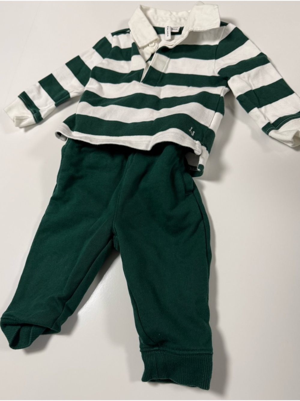 Janie and Jack Green & White Striped Rugby Top with Forest Green Joggers